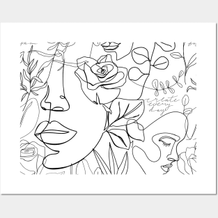 Contemporary background with fashion continuous line pattern. One line woman face, flowers, leaves and caligraphy phrase. Trendy hand drawn textures. Posters and Art